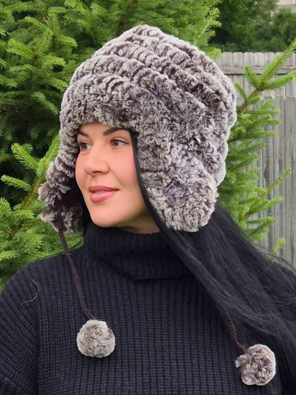 Brown Real Rex Rabbit Fur Hat, Unisex Winter Earflap Hat - Picture 2 of 6